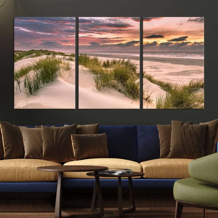 Reimagine your space with the Beach Canvas Print, a triptych featuring a serene beach sunset. Expertly crafted on museum-quality canvases, it delivers professional artistry to effortlessly transform your decor.