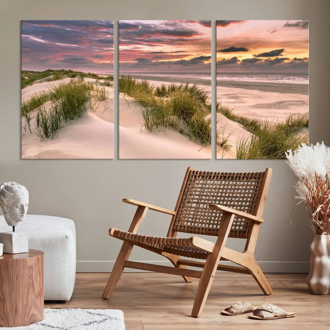 Reimagine your space with the Beach Canvas Print, a triptych featuring a serene beach sunset. Expertly crafted on museum-quality canvases, it delivers professional artistry to effortlessly transform your decor.