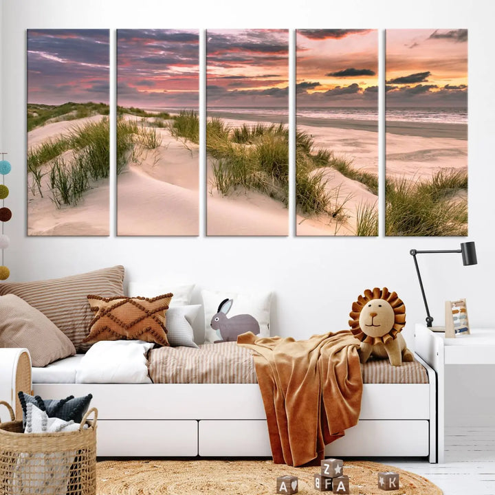 Reimagine your space with the Beach Canvas Print, a triptych featuring a serene beach sunset. Expertly crafted on museum-quality canvases, it delivers professional artistry to effortlessly transform your decor.