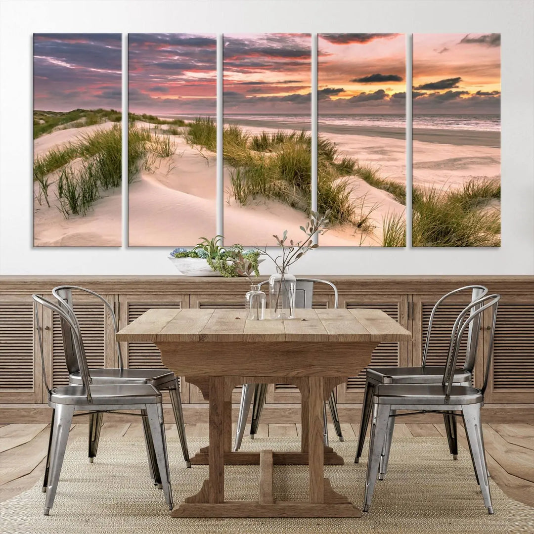 Reimagine your space with the Beach Canvas Print, a triptych featuring a serene beach sunset. Expertly crafted on museum-quality canvases, it delivers professional artistry to effortlessly transform your decor.