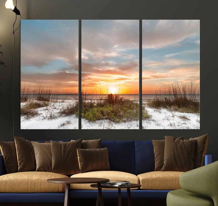 The Beach Ocean Sunset Sand Wall Art Canvas Print is expertly crafted on museum-quality canvases with a UV-protective coating.