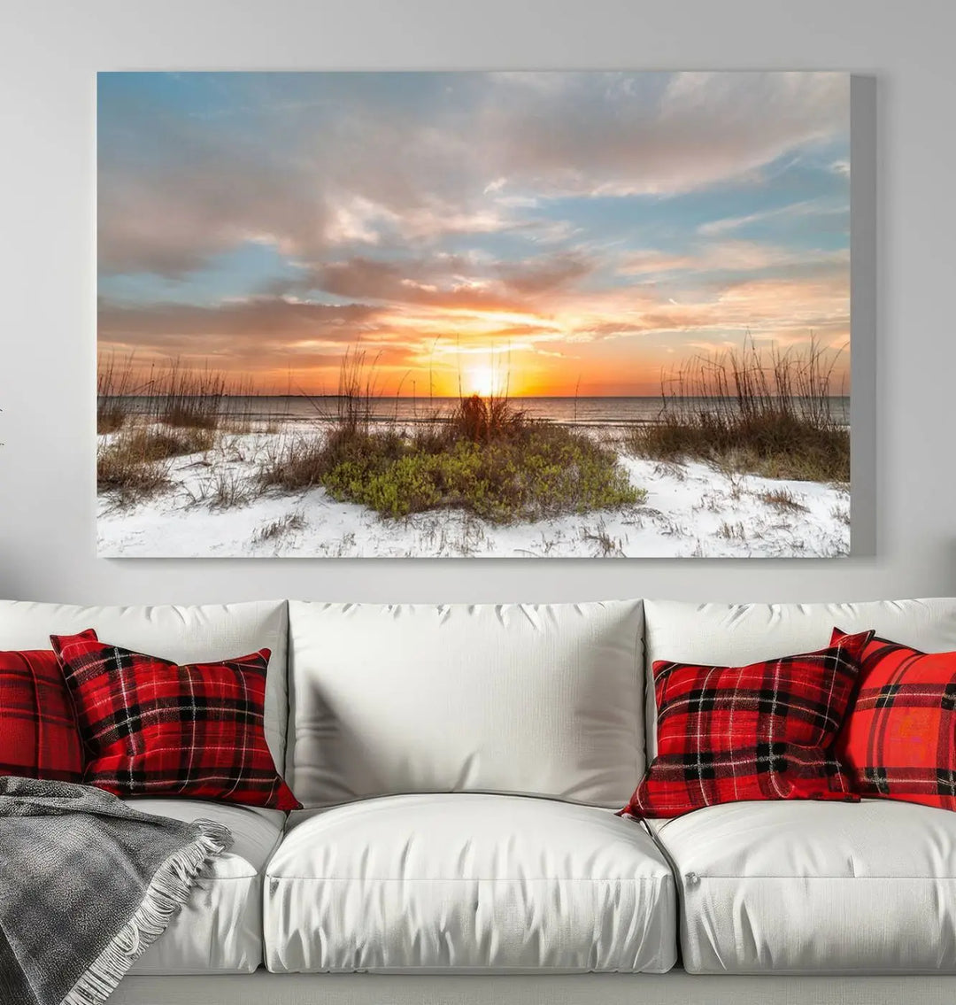 The Beach Ocean Sunset Sand Wall Art Canvas Print is expertly crafted on museum-quality canvases with a UV-protective coating.