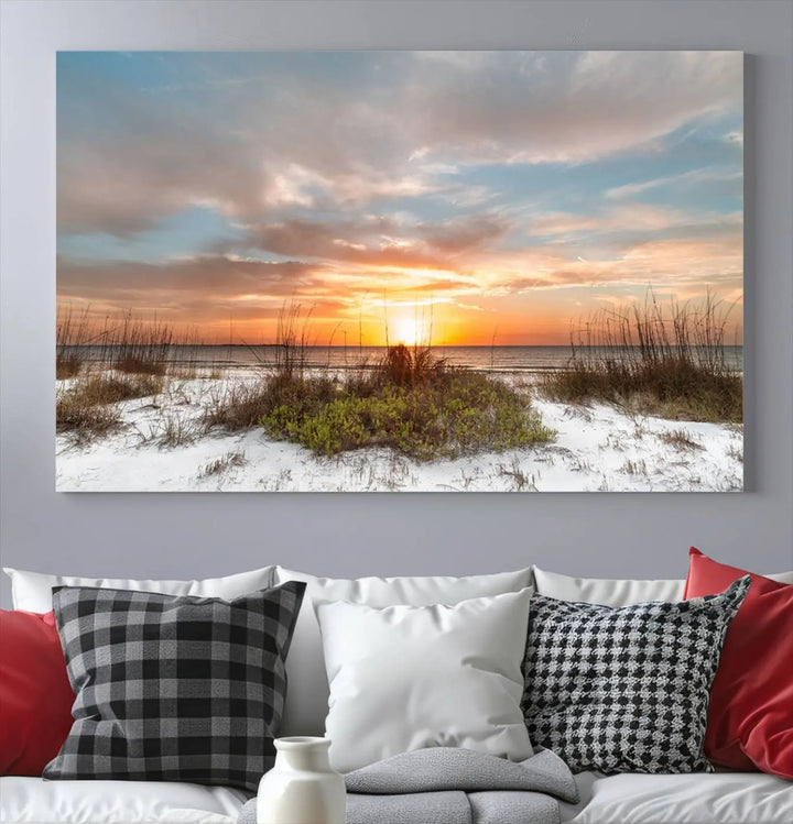 The Beach Ocean Sunset Sand Wall Art Canvas Print is expertly crafted on museum-quality canvases with a UV-protective coating.