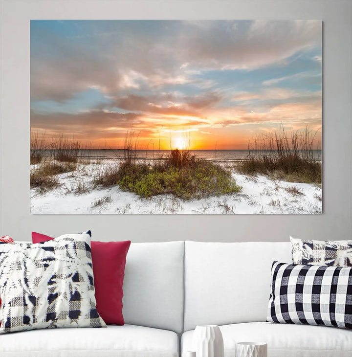 The Beach Ocean Sunset Sand Wall Art Canvas Print is expertly crafted on museum-quality canvases with a UV-protective coating.