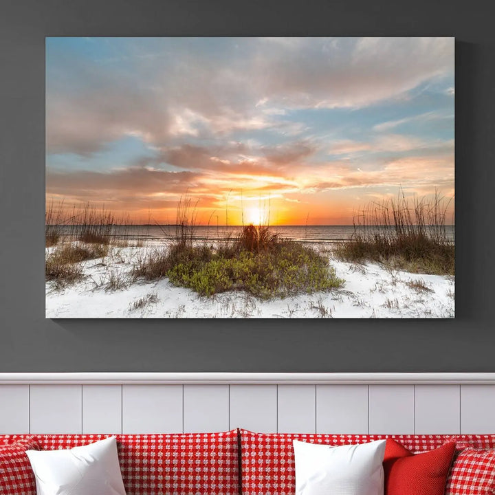 The Beach Ocean Sunset Sand Wall Art Canvas Print is expertly crafted on museum-quality canvases with a UV-protective coating.