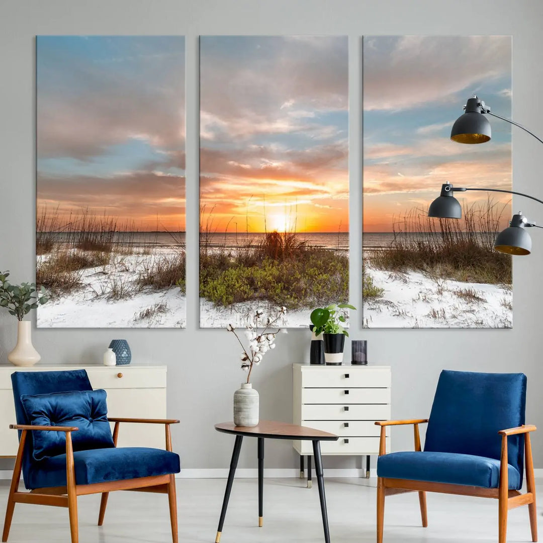 The Beach Ocean Sunset Sand Wall Art Canvas Print is expertly crafted on museum-quality canvases with a UV-protective coating.