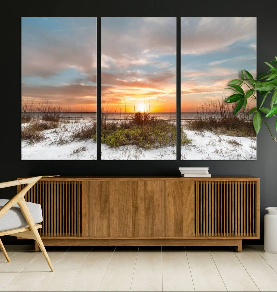 The Beach Ocean Sunset Sand Wall Art Canvas Print is expertly crafted on museum-quality canvases with a UV-protective coating.