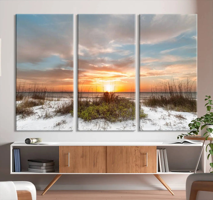 The Beach Ocean Sunset Sand Wall Art Canvas Print is expertly crafted on museum-quality canvases with a UV-protective coating.