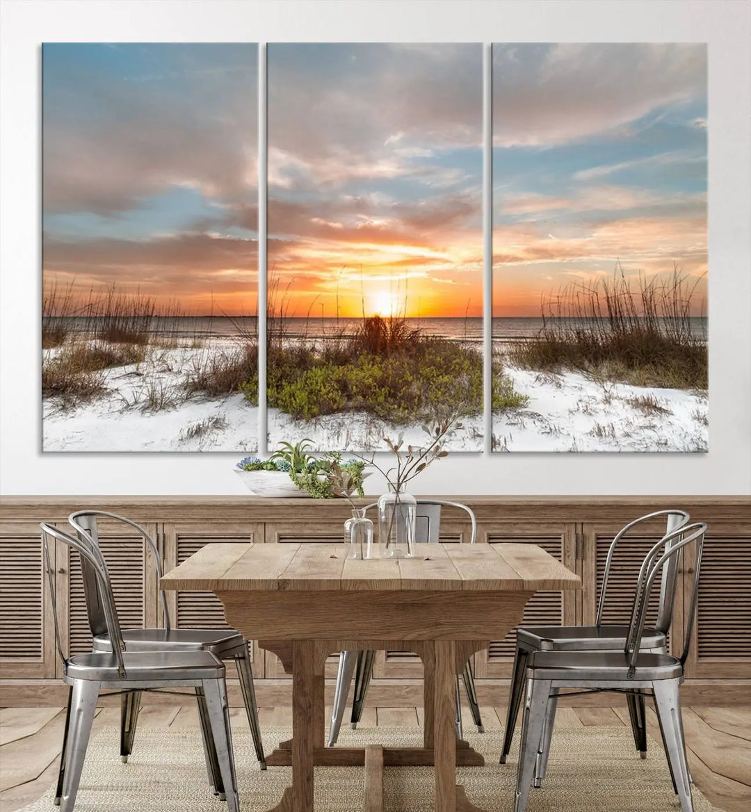 The Beach Ocean Sunset Sand Wall Art Canvas Print is expertly crafted on museum-quality canvases with a UV-protective coating.