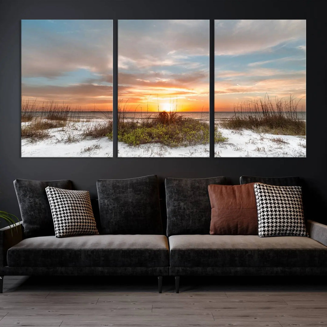 The Beach Ocean Sunset Sand Wall Art Canvas Print is expertly crafted on museum-quality canvases with a UV-protective coating.