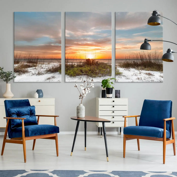 The Beach Ocean Sunset Sand Wall Art Canvas Print is expertly crafted on museum-quality canvases with a UV-protective coating.