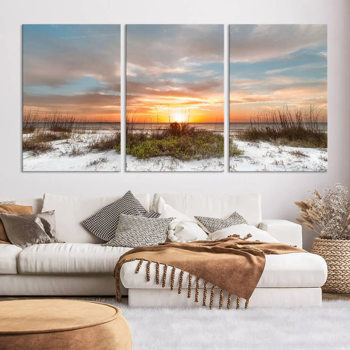 The Beach Ocean Sunset Sand Wall Art Canvas Print is expertly crafted on museum-quality canvases with a UV-protective coating.