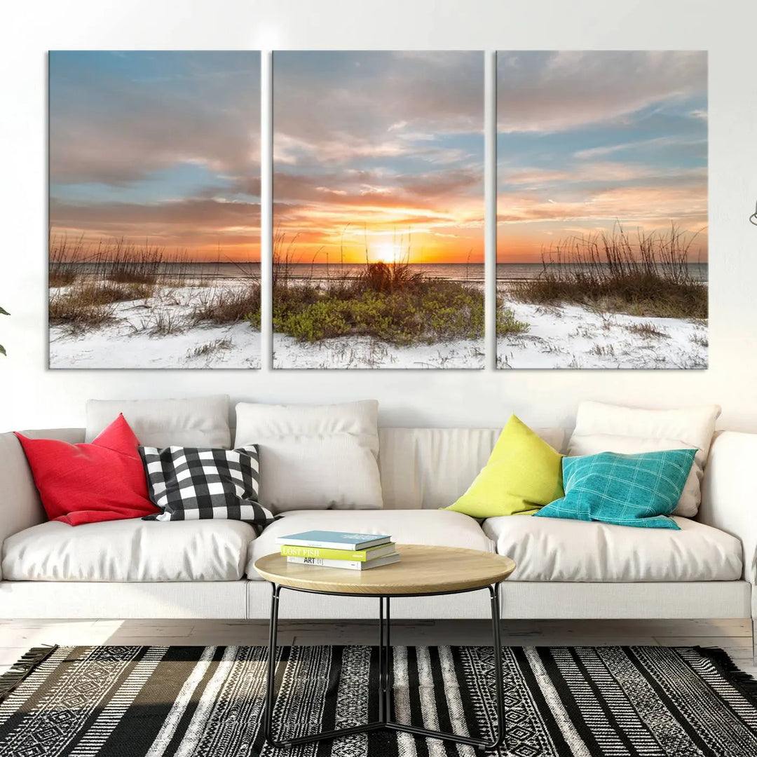 The Beach Ocean Sunset Sand Wall Art Canvas Print is expertly crafted on museum-quality canvases with a UV-protective coating.