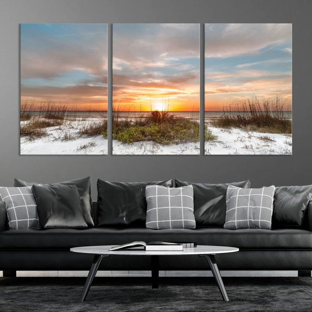 The Beach Ocean Sunset Sand Wall Art Canvas Print is expertly crafted on museum-quality canvases with a UV-protective coating.