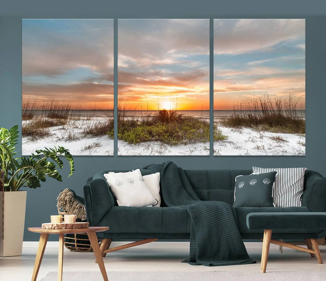 The Beach Ocean Sunset Sand Wall Art Canvas Print is expertly crafted on museum-quality canvases with a UV-protective coating.