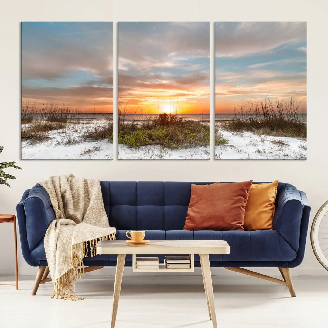 The Beach Ocean Sunset Sand Wall Art Canvas Print is expertly crafted on museum-quality canvases with a UV-protective coating.