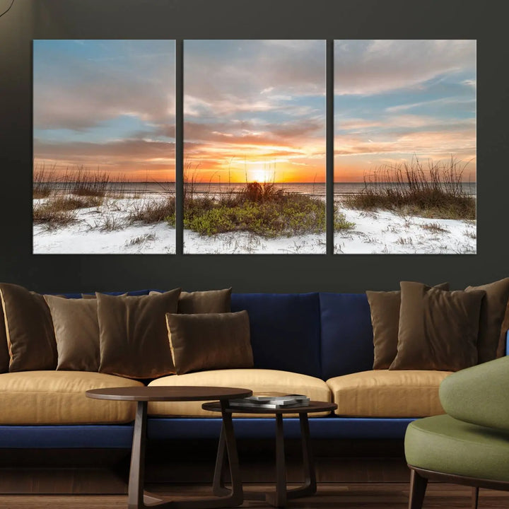 The Beach Ocean Sunset Sand Wall Art Canvas Print is expertly crafted on museum-quality canvases with a UV-protective coating.