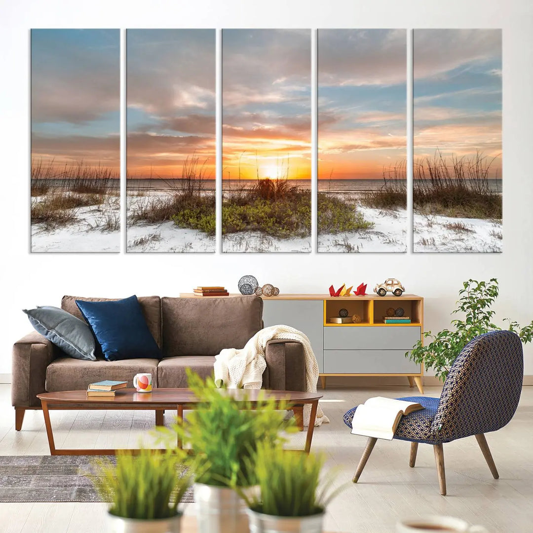 The Beach Ocean Sunset Sand Wall Art Canvas Print is expertly crafted on museum-quality canvases with a UV-protective coating.