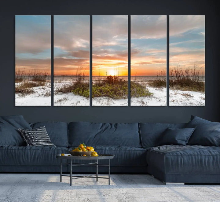 The Beach Ocean Sunset Sand Wall Art Canvas Print is expertly crafted on museum-quality canvases with a UV-protective coating.