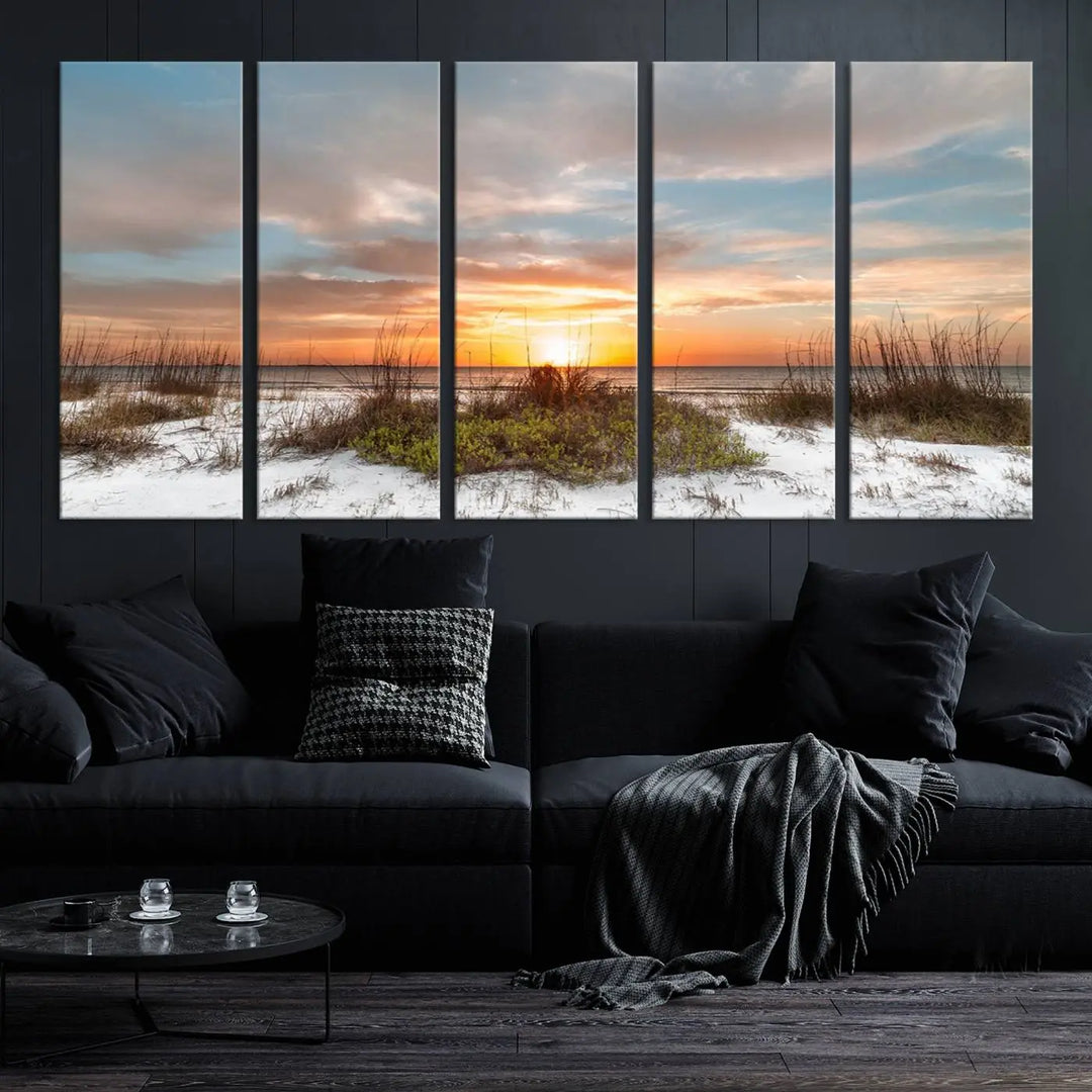 The Beach Ocean Sunset Sand Wall Art Canvas Print is expertly crafted on museum-quality canvases with a UV-protective coating.