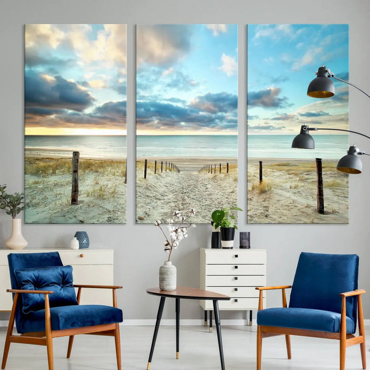 The Beach Ocean Sunset Sand Wall Art Canvas Print, renowned for its museum-quality and UV-protective coating, is elegantly displayed on a dark wall.