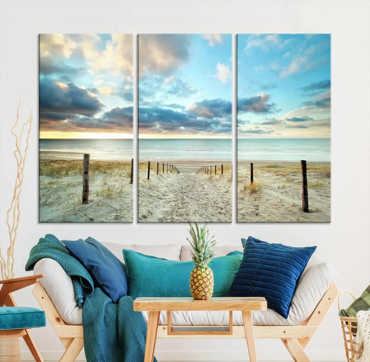 The Beach Ocean Sunset Sand Wall Art Canvas Print, renowned for its museum-quality and UV-protective coating, is elegantly displayed on a dark wall.