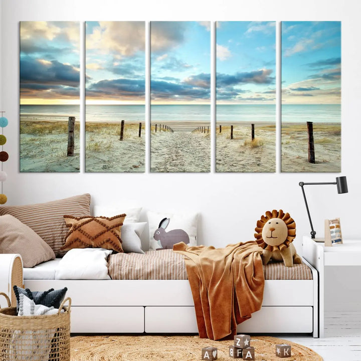 The Beach Ocean Sunset Sand Wall Art Canvas Print, renowned for its museum-quality and UV-protective coating, is elegantly displayed on a dark wall.