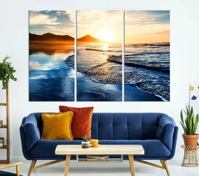 The Beach Ocean Sunset on the Sea Wall Art Canvas Print features a mesmerizing triptych of a beach sunset. Made from museum-quality polycotton canvas with a UV-protective coating, this ready-to-hang artwork will beautifully transform your space.