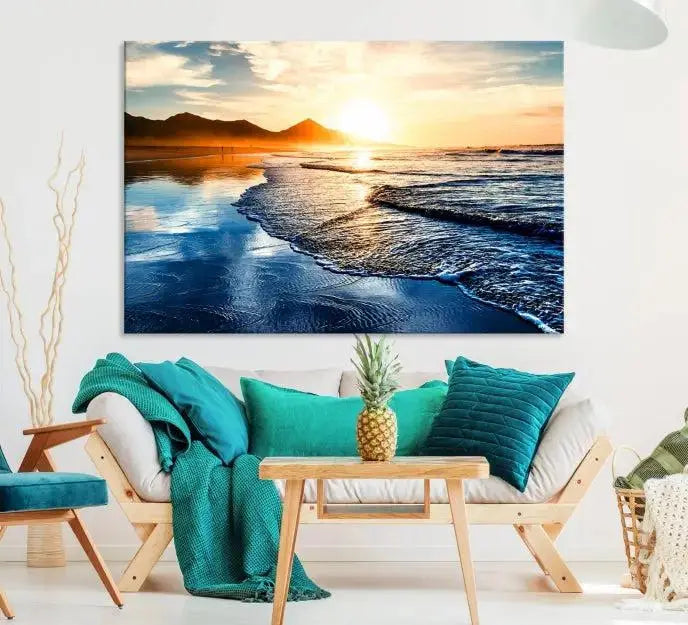 The Beach Ocean Sunset on the Sea Wall Art Canvas Print features a mesmerizing triptych of a beach sunset. Made from museum-quality polycotton canvas with a UV-protective coating, this ready-to-hang artwork will beautifully transform your space.