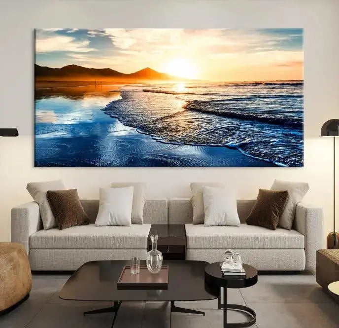 The Beach Ocean Sunset on the Sea Wall Art Canvas Print features a mesmerizing triptych of a beach sunset. Made from museum-quality polycotton canvas with a UV-protective coating, this ready-to-hang artwork will beautifully transform your space.