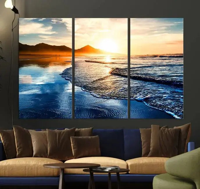 The Beach Ocean Sunset on the Sea Wall Art Canvas Print features a mesmerizing triptych of a beach sunset. Made from museum-quality polycotton canvas with a UV-protective coating, this ready-to-hang artwork will beautifully transform your space.