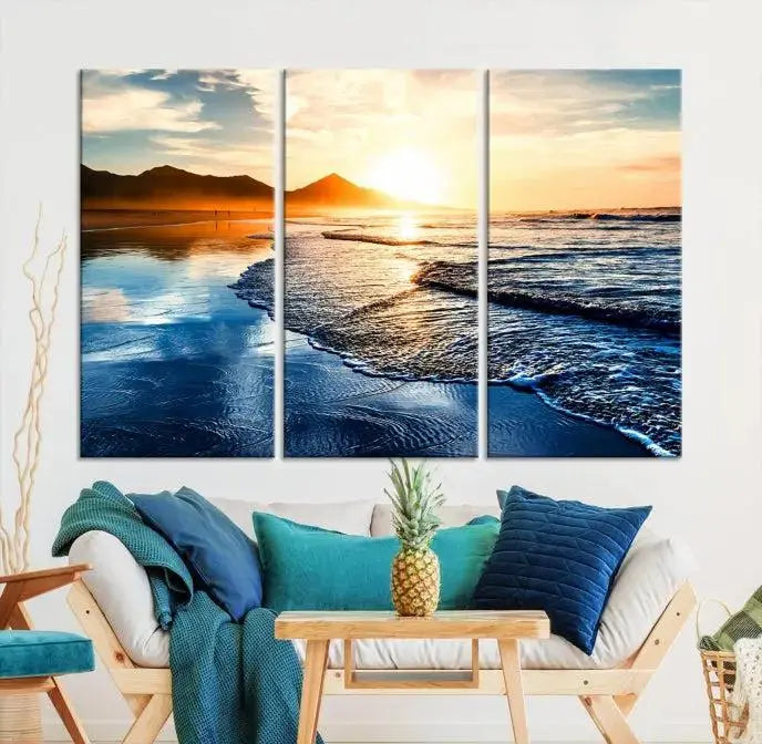 The Beach Ocean Sunset on the Sea Wall Art Canvas Print features a mesmerizing triptych of a beach sunset. Made from museum-quality polycotton canvas with a UV-protective coating, this ready-to-hang artwork will beautifully transform your space.