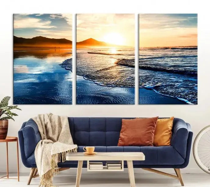 The Beach Ocean Sunset on the Sea Wall Art Canvas Print features a mesmerizing triptych of a beach sunset. Made from museum-quality polycotton canvas with a UV-protective coating, this ready-to-hang artwork will beautifully transform your space.