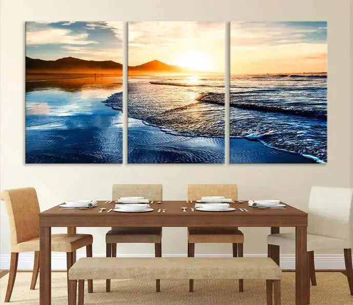 The Beach Ocean Sunset on the Sea Wall Art Canvas Print features a mesmerizing triptych of a beach sunset. Made from museum-quality polycotton canvas with a UV-protective coating, this ready-to-hang artwork will beautifully transform your space.