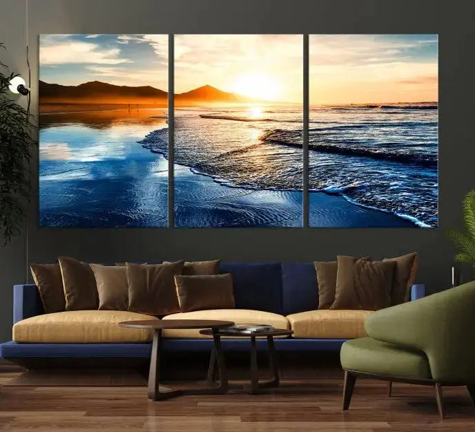 The Beach Ocean Sunset on the Sea Wall Art Canvas Print features a mesmerizing triptych of a beach sunset. Made from museum-quality polycotton canvas with a UV-protective coating, this ready-to-hang artwork will beautifully transform your space.