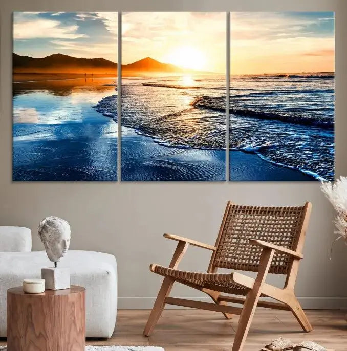 The Beach Ocean Sunset on the Sea Wall Art Canvas Print features a mesmerizing triptych of a beach sunset. Made from museum-quality polycotton canvas with a UV-protective coating, this ready-to-hang artwork will beautifully transform your space.