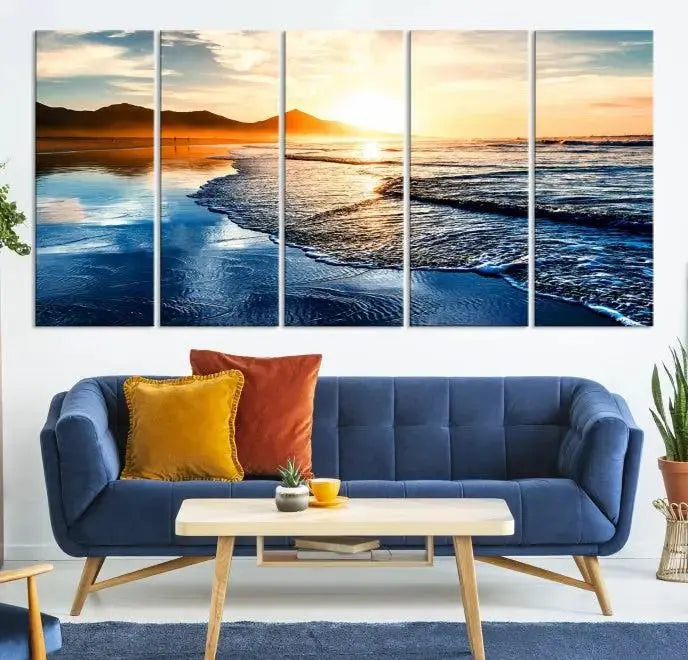 The Beach Ocean Sunset on the Sea Wall Art Canvas Print features a mesmerizing triptych of a beach sunset. Made from museum-quality polycotton canvas with a UV-protective coating, this ready-to-hang artwork will beautifully transform your space.