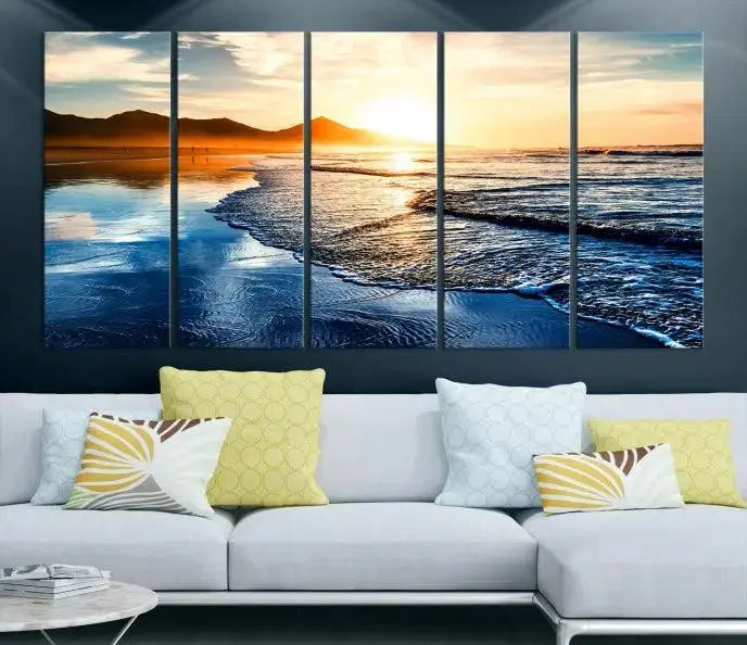 The Beach Ocean Sunset on the Sea Wall Art Canvas Print features a mesmerizing triptych of a beach sunset. Made from museum-quality polycotton canvas with a UV-protective coating, this ready-to-hang artwork will beautifully transform your space.