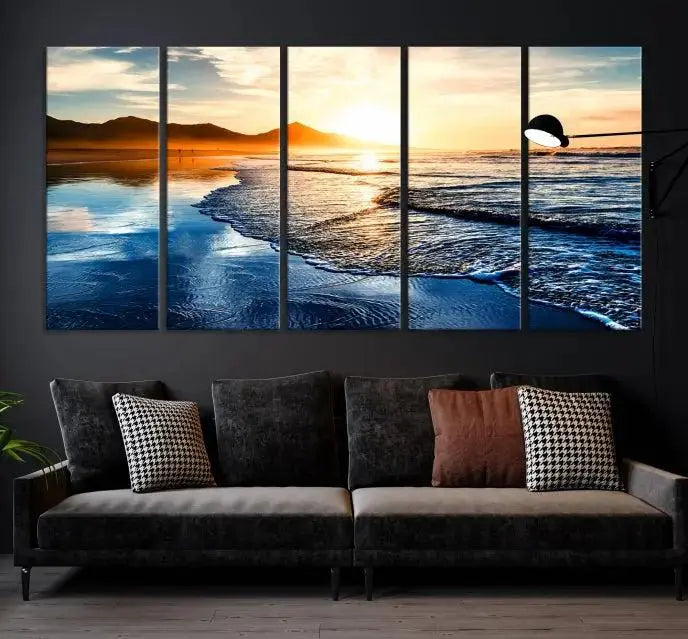 The Beach Ocean Sunset on the Sea Wall Art Canvas Print features a mesmerizing triptych of a beach sunset. Made from museum-quality polycotton canvas with a UV-protective coating, this ready-to-hang artwork will beautifully transform your space.