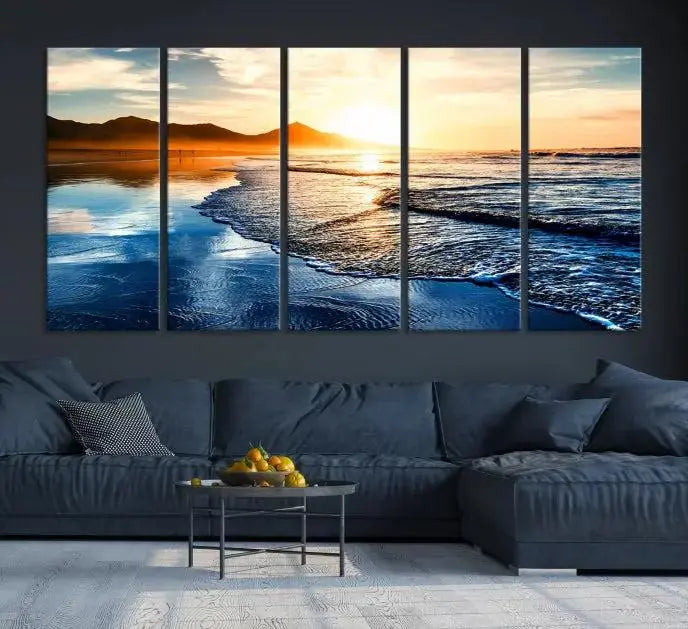 The Beach Ocean Sunset on the Sea Wall Art Canvas Print features a mesmerizing triptych of a beach sunset. Made from museum-quality polycotton canvas with a UV-protective coating, this ready-to-hang artwork will beautifully transform your space.