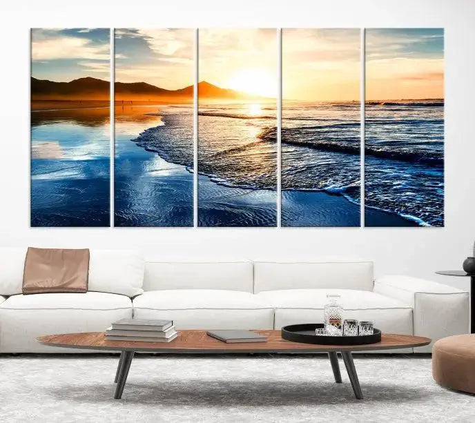 The Beach Ocean Sunset on the Sea Wall Art Canvas Print features a mesmerizing triptych of a beach sunset. Made from museum-quality polycotton canvas with a UV-protective coating, this ready-to-hang artwork will beautifully transform your space.