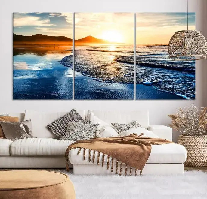 The Beach Ocean Sunset on the Sea Wall Art Canvas Print features a mesmerizing triptych of a beach sunset. Made from museum-quality polycotton canvas with a UV-protective coating, this ready-to-hang artwork will beautifully transform your space.