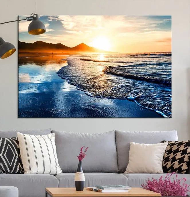 The Beach Ocean Sunset on the Sea Wall Art Canvas Print features a mesmerizing triptych of a beach sunset. Made from museum-quality polycotton canvas with a UV-protective coating, this ready-to-hang artwork will beautifully transform your space.