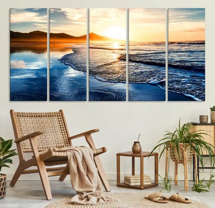 The Beach Ocean Sunset on the Sea Wall Art Canvas Print features a mesmerizing triptych of a beach sunset. Made from museum-quality polycotton canvas with a UV-protective coating, this ready-to-hang artwork will beautifully transform your space.