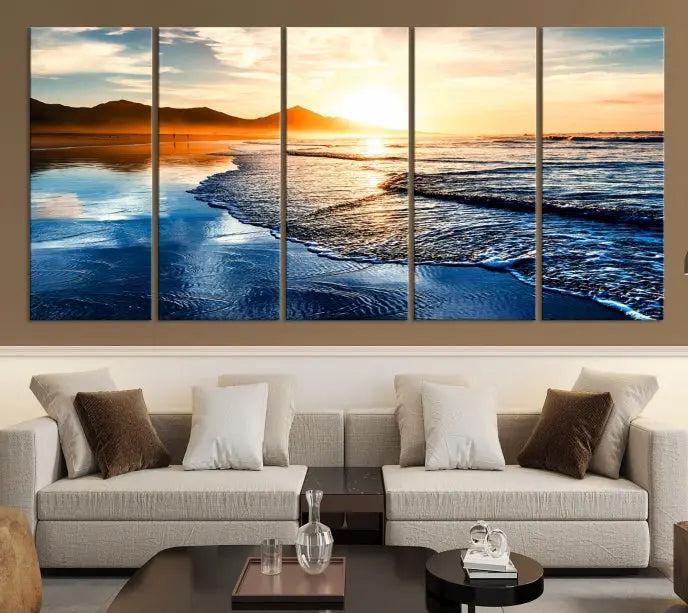 The Beach Ocean Sunset on the Sea Wall Art Canvas Print features a mesmerizing triptych of a beach sunset. Made from museum-quality polycotton canvas with a UV-protective coating, this ready-to-hang artwork will beautifully transform your space.