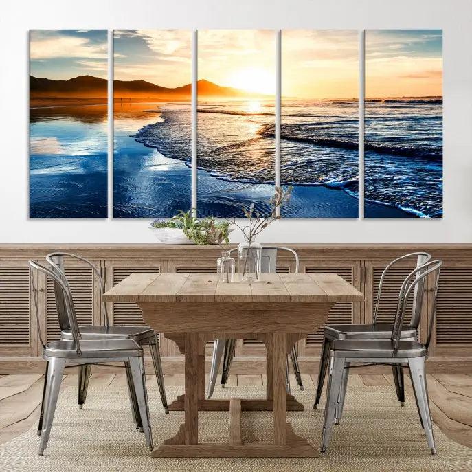 The Beach Ocean Sunset on the Sea Wall Art Canvas Print features a mesmerizing triptych of a beach sunset. Made from museum-quality polycotton canvas with a UV-protective coating, this ready-to-hang artwork will beautifully transform your space.