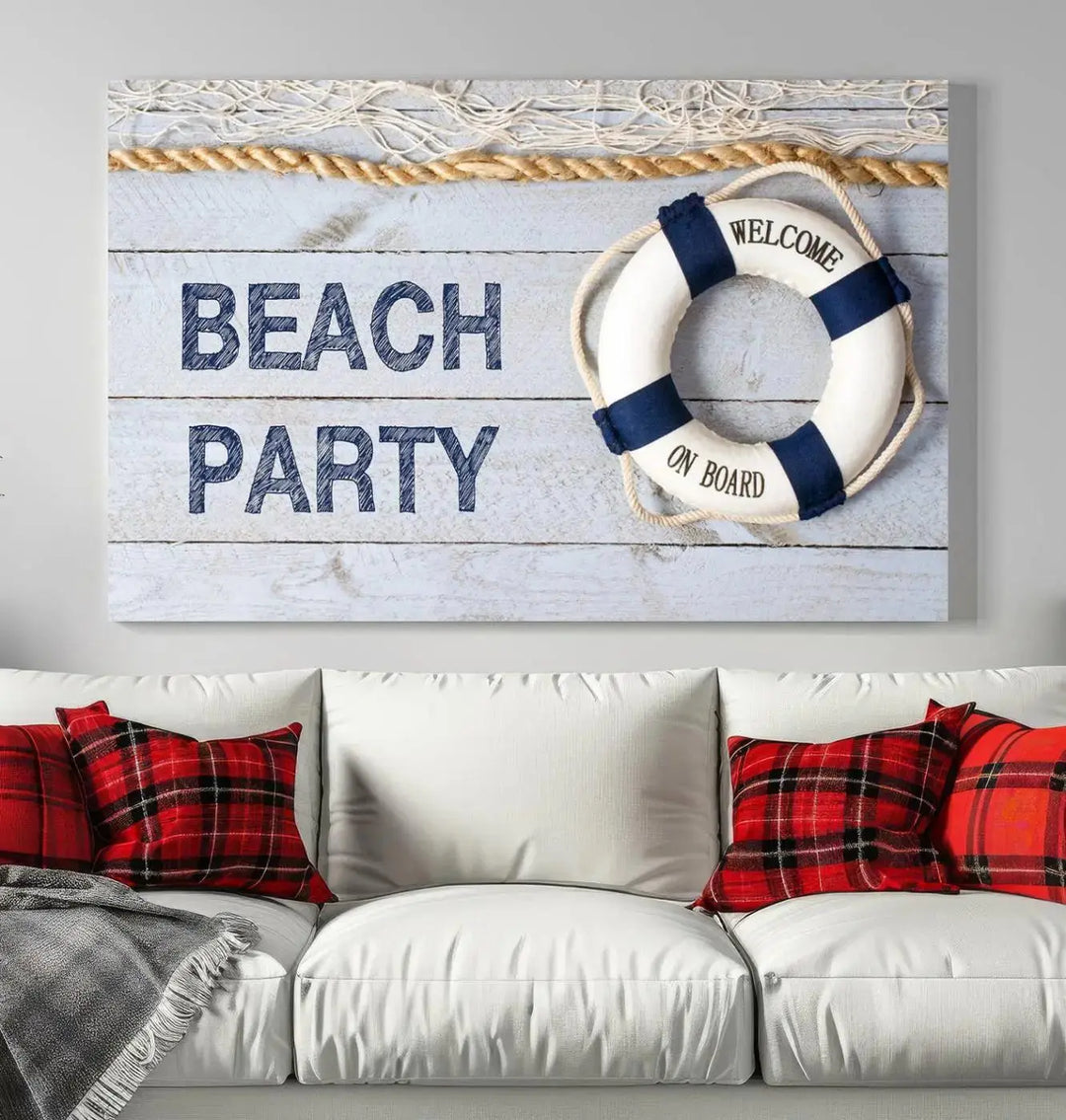 The Beach Party Sign Canvas Print Wall Art Lifebuoy Art Sailing Wall Art is a nautical-themed masterpiece ready to hang, featuring a life preserver and offering museum-quality seaside charm indoors.