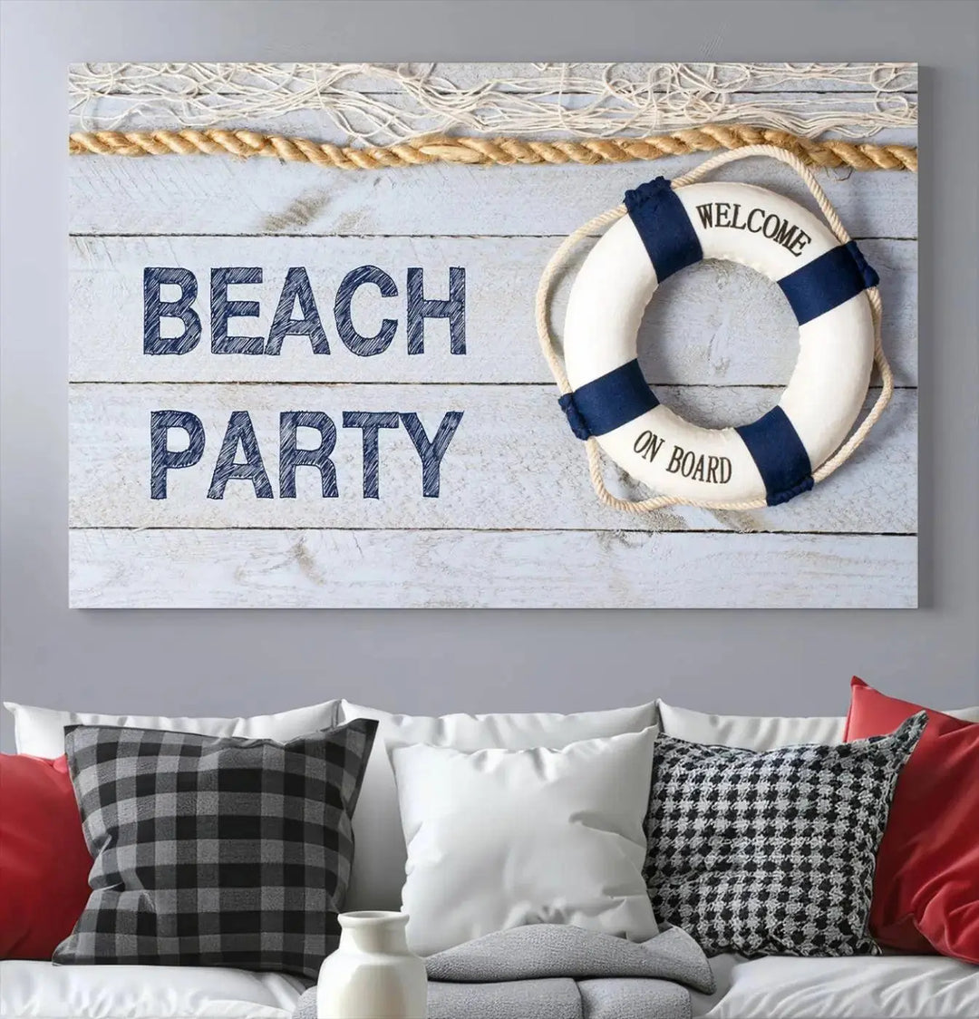 The Beach Party Sign Canvas Print Wall Art Lifebuoy Art Sailing Wall Art is a nautical-themed masterpiece ready to hang, featuring a life preserver and offering museum-quality seaside charm indoors.