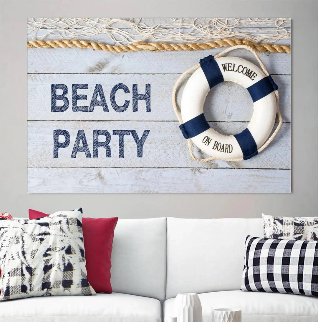 The Beach Party Sign Canvas Print Wall Art Lifebuoy Art Sailing Wall Art is a nautical-themed masterpiece ready to hang, featuring a life preserver and offering museum-quality seaside charm indoors.