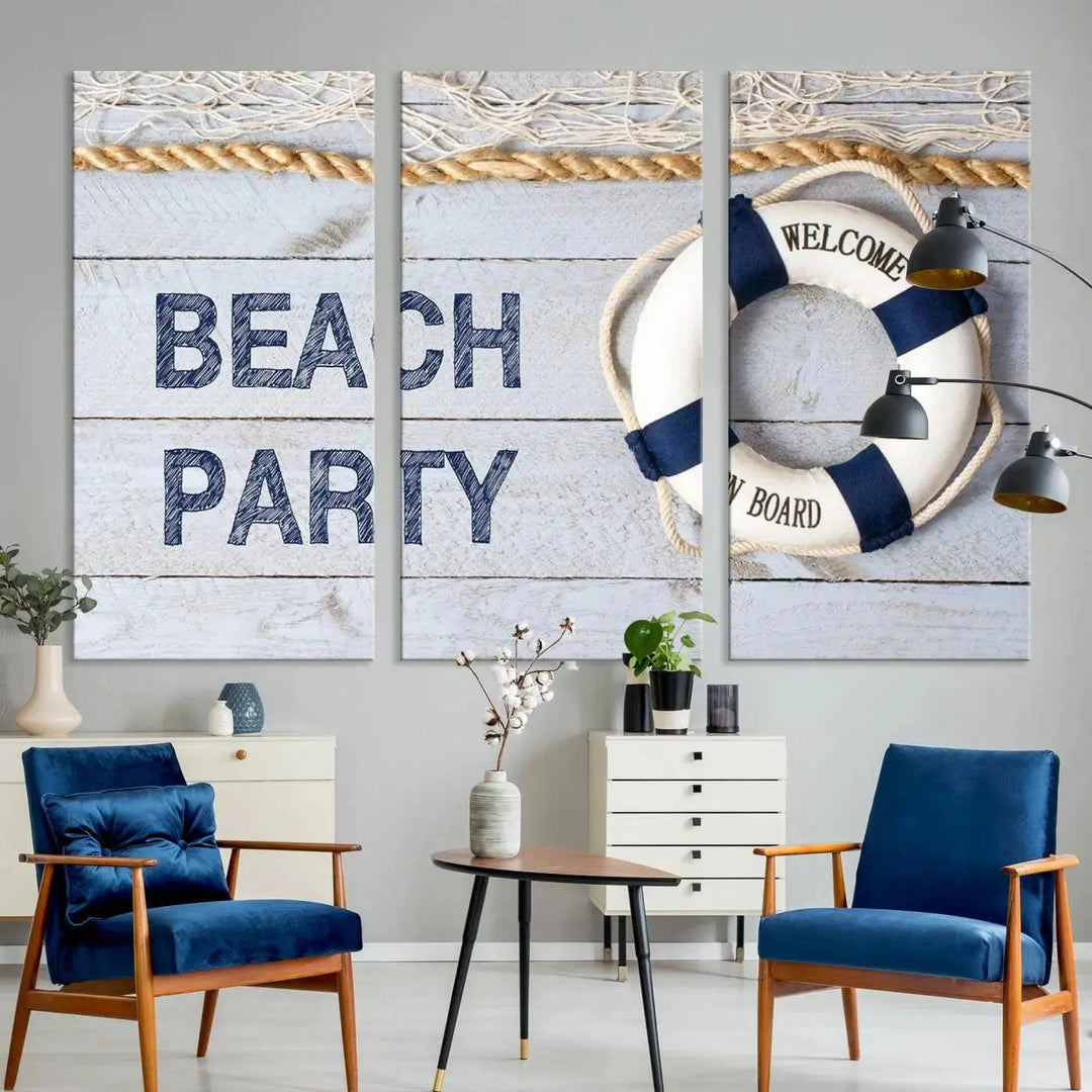 The Beach Party Sign Canvas Print Wall Art Lifebuoy Art Sailing Wall Art is a nautical-themed masterpiece ready to hang, featuring a life preserver and offering museum-quality seaside charm indoors.